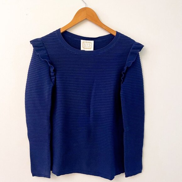 Tuckernuck Sail to Sable Ribbed Navy Blue Ruffle Sweater, Size Small - Picture 2 of 6